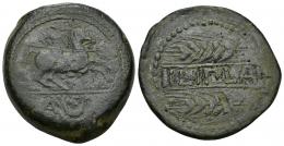 HISPANIA ANTIGUA. ILIPLA. As. A/ Jinete lancero a der., bajo línea A y creciente. R/ Dos espigas a izq., en medio ILIPLA. AE 27,82 g. 35,67 mm. I-1556. ACIP-2370. Pátina oscura. BC+. Muy escasa. 
