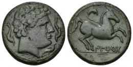 HISPANIA ANTIGUA. ILTIRTA. Semis. A/ Cabeza masculina a der., alrededor tres delfines. R/ Caballo galopando con rienda suelta a der., encima creciente, debajo sobre línea ILTiRTa. AE 11,88 g. 24,9 mm. I-1462. ACIP-1237. Pátina verde oscuro. MBC/MBC+. Rara. 