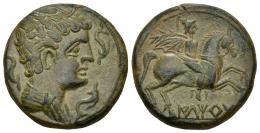 HISPANIA ANTIGUA. ILTIRTA. As. A/ Cabeza masculina con cuello vestido y fíbula a der., alrededor tres delfines. R/ Jinete con palma y clámide a der., debajo sobre línea ILTiRTa. AE 11,76 g. 25,8 mm. I-1645. ACIP-1261. Pátina verde. EBC.