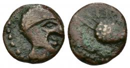 HISPANIA ANTIGUA. INCIERTAS CON LEYENDA PÚNICA. A/ Cabeza masculina a der. R/ Piña a izq., debajo restos de ley. púnica. AE 3,5 g. 15,6 mm. I-No. ACIP-894 vte. MBC-.