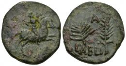 HISPANIA ANTIGUA. LAELIA. As. A/ jinete a der., encima estrella no visible. R/ Espiga y palma, encima A, debajo LAELIA. AE 23,82 g. 32,4 mm. I-1646. ACIP-2361. Vanos. Pátina verde con concreciones rojas. MBC/MBC+. Muy escasa. Ex Áureo, 21-4-1998, lote 152.