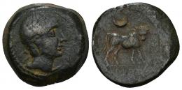 11 - HISPANIA ANTIGUA. KASTILO-CASTULO. Semis. A/ Cabeza masculina a der. R/ Toro a der., encima creciente, exergo KaSTiLO. AE 12,80 g. 23,5 mm. I-716. ACIP-2115. BC+. Muy escasa.