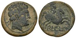 14 - HISPANIA ANTIGUA. BELIKIOM. As. A/ Cabeza masculina con collar a der., detrás Be. R/ Jinete lancero a der., debajo sobre línea BeLIKiOM. AE 9,39 g. 25,1 mm. I-243. ACIP-1437. Pátina verde. BC+.