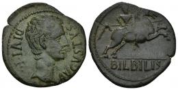 15 - HISPANIA ANTIGUA. BILBILIS. Augusto. As. A/ Cabeza a der., AVGVSTVS DIVI F. R/ Jinete lancero a der., bajo línea BILBILIS. AE 8,93 g. 29,7 mm. I-275. APRH-390. ACIP-3015. Cospel ligeramente abierto. Pátina verde. MBC.