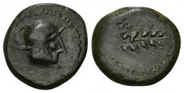 17 - HISPANIA ANTIGUA. CARMO. Cuadrante o sexto. A/ Cabeza galeada a der. R/ Espiga, a izq. 3 glóbulos. AE 4,3 g. 16,5 mm. I-472. ACIP-2385. Pátina verde. MBC. Compra privada a Pliego (1993).