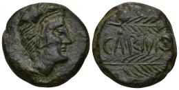 19 - HISPANIA ANTIGUA. CARMO. Unidad. A/ Cabeza de Hércules con leonté a der. R/ Dos palmas a der., en medio CARMO.AE 23,45 g. 29,1 mm. I-471. ACIP-2398. Erosión en anv. Pátina verde oscuro. MBC.