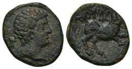 2 - HISPANIA ANTIGUA. ABARILTUR. Semis. A/ Cabeza masculina a der., detrás Ba.N. R/ Toro corriendo a der., encima ABaRILTu. AE 4,75 g. 17,7 mm. I-3. ACIP-2087 (vte. ley. rev.). Campo del rev. ligeramente repasado. Pátina verde oscuro. MBC. Rara.