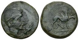 25 - HISPANIA ANTIGUA. CASTULO. As. A/ Cabeza masculina laureada a der., delante mano. R/ Esfinge a der., delante estrella; bajo línea KaSTiLO. AE 19,78 g. 27,1 mm. I-707. ACIP-2143. Pátina verde. MBC-. Compra privada Pliego (1994).