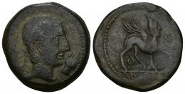 26 - HISPANIA ANTIGUA. KASTILO-CASTULO. As. A/ Cabeza masculina diademada a der., delante mano. R/ Esfinge avanzando a der., delante estrella, en exergo KaSTiLO. AE 16,64 g. 28,7 mm. I-701. ACIP-2143. BC+/MBC-.