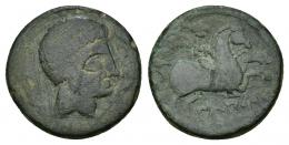 3 - HISPANIA ANTIGUA. ALAUN. As. A/ Cabeza masculina con peinado en tres filas, alrededor tres delfines. R/ Jinete con palma a der., debajo, doble línea, ley. ibérica ALAUN. AE 14,42 g. 27,9 mm. I-62 vte. estilo. ACIP-1471. Múltiples rayitas. Pátina verde. BC+/MBC-. Rara.