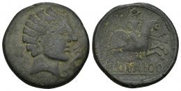 33 - HISPANIA ANTIGUA. CLOUNIOQ. Unidad. A/ Cabeza masculina con manto y fíbula a der., delante delfín, detrás II. R/ Jinete lancero a der., debajo sobre línea CLOVNIOQ. AE 42,05 g. 26 mm. Pátina verde. BC+/MBC-. I-834. ACIP-1825.