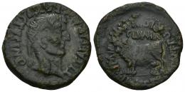 34 - HISPANIA ANTIGUA. CLUNIA. Tiberio. As. A/ Cabeza laureada a der.; TI CAESAR AVG F AVGVSTVS IMP. R/ Toro a izq., encima CLVNIA; L (IVL RVF T CALP CONT PO)MP LON P IVL AVI IIII VIR poco visible. AE 14,11 g. 29,8 mm. I-839. APRH-456. ACIP-3176. Pátina verde oscuro con concreciones. MBC. Ex ANE 21-11-1995.