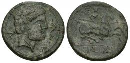 36 - HISPANIA ANTIGUA. KONTERBIA KARBIKA. Unidad. A/ Cabeza masculina barbada y con collar a der., delante delfín, detrás signo ibérico Ko. R/ Jinete lancero a der., debajo bajo línea KoNTeBaKoM. AE 11,13 g. 26,2 mm. I-849. ACIP-1833. Pátina verde rugosa. MBC/MBC-. Rara.