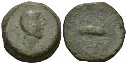 37 - HISPANIA ANTIGUA. CUMBARIA. Semis. A/ Cabeza masculina a der., delante palma, detrás S. R/ Atún a der., CVNB(A)RIA. AE 15,77 g. 25,2 mm. I-881. ACIP-2619. Pátina verde. BC+. Rarísima. Ex Áureo, 22-9-1997, lote 276.