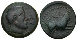 4 - HISPANIA ANTIGUA. ASIDO. As. A/ Cabeza masculina con ínfulas a der.; delante ASIDO. R/ Toro saltando a der.; encima creciente y estrella, debajo ´sdnbl. AE 18,48 g. 28,9 mm. I-153. ACIP-913. Pátina verde oscuro. BC+/MBC-. Muy escasa. Ex Vico 119, lote 22.