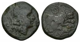 47   -  HISPANIA ANTIGUA. UNTIKESKEN. Cuadrante. A/ Cabeza de Palas a der., delante signo ibérico E. R/ León a der., encima láurea, debajo (UN)TiKeSKeN. AE 5,59 g. 18,4 mm. I-1229. ACIP-1001. Pátina verde oscuro. BC+. Ex Pliego, 18-12-1998.
