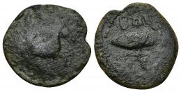 9 - HISPANIA ANTIGUA. BAILO. Divisor. A/ Caballo avanzando a der. R/ Atún a izq., debajo creciente con punto (no visible), encima BAIL(O). AE 4,06 g. 22,5 mm. I-no. ACIP-926. Pátina oscura. RC/BC+. Muy rara. Compra privada Pliego (1999).