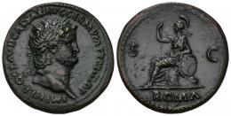 134 - IMPERIO ROMANO. NERÓN. Sestercio. Roma (62-68 d.C.). A/ Cabeza laureada a der.; IMP NERO CLAVD CAESAR AVG GERM P M TR P XIII P P. R/ Roma sentada a izq. con lanza y escudo, detrás aramas, en campo S-C, en exergo ROMA. AE 27,02 g. 34,9 mm. RIC-356. Campos ligeramente repasados. Pátina verde con tonos rojos. MBC+.