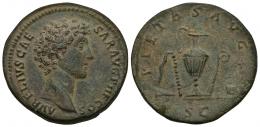 179 - IMPERIO ROMANO. MARCO AURELIO. Sestercio. Roma (140-144). A/ Cabeza a der.; AVRELIVS CAESAR AVG PII F COS. R/ Instrumentos sacerdotales; PIETAS AVG, exergo SC. AE 24,21 g. 33,2 mm. RIC-1234A. Pátina verde terrosa. EBC-/MBC+.