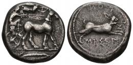 24 - GRECIA ANTIGUA. SICILIA. MESSANA. Tetradracma (461-396 a.C.). A/ Biga de mulas a der. coronadas por Niké, en exergo hoja de olivo. R/ Liebre corriendo a der., alrededor MESSANION. AR 17,04 g. 24,4 mm. COP-345 vte. SBG-847. MBC-.