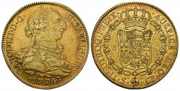 255 - CARLOS III. 8 escudos. 1774. Sevilla. CF. AU 27,05 g. 37 mm. VI-1776. R.B.O. MBC+/EBC. Rara.