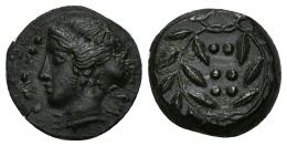 28 - GRECIA ANTIGUA. SICILIA. HIMERA. Hemilitra (c. 413-408 a.C.). A/ Cabeza femenina a izq., debajo M-E. R/ Corona de laurel, dentro 6 glóbulos. AE 3,66 g. 15,3 mm. COP-320 vte. SBG-1110. Pátina oscura. EBC-/EBC. Ex subasta José Antonio Herreo (21-11-1991).