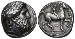 30 - GRECIA ANTIGUA. MACEDONIA. Filipo II. Tetradracma. A/ Cabeza de Zeus a der. R/ Jinete con palma a der., debajo haz de rayos, en exergo N; FILIPPOU. AR 14,42 g. 23,2 mm. COP-556 vte. SBG-6680 vte. MBC+.