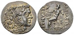 31 - GRECIA ANTIGUA. MACEDONIA. Alejandro III (a nombre de). Odessos, Tracia. Tetradracma. A/ Cabeza de Alejandro con leonté a der. R/ Zeus entronizado a izq. , debajo del trono monograma, en campo a izq. QE. AR 16,50 g. 28,9 mm. PRC-1181. R.B.O. EBC. Ex subasta Jesús Vico 37 (26-3-1998), lote 77.