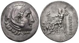 32 - GRECIA ANTIGUA. MACEDONIA. Alejandro III (a nombre de). Temnos. Tetradracma. A/ Cabeza de Alejandro con leonté a der. R/ Zeus entronizado a izq. , delante oinochoe con vides, delante del trono EXENI/KOS, debajo GEI/TAS. AR 16,03 g. 33,7 mm. PRC-1690. Finas rayitas. MBC+. Ex subasta Ibergold (5-5-1987).