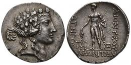 34 - GRECIA ANTIGUA. TRACIA. MARONEIA. Tetradracma (post. 146 a.C.). A/ Cabeza de Dionisos a der. R/ Dionisos a izq. con dos lanzas, manto y racimo de uvas; DIONUSOU/ (S)WTEROU/ (M)ARWNITWN, en campo monogramas. AR 16,39 g. 30 mm. COP-637 vte. SBG-1635. MBC+.