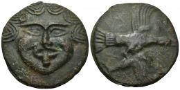 35 - GRECIA ANTIGUA. ESCITIA. Olbia. Aes Grave (437-410 a.C.). A/ Cabeza de Gorgona. R/ Águila volando a der. con delfín entre las garras. A-P-I-X. SNG BM Mar Negro 383. SBG-1682. AE 130,22 g. 68,8 mm. Leves oxidaciones. MBC+. Compra privada Dmitry Markov (2018).