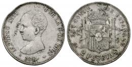 382 - ALFONSO XIII. 2 pesetas. 1891*18-91. Madrid. PGM. AR 10,00 g. 27,1 mm. VII-172. Rayitas, leves oxidaciones y golpe en canto. MBC+. Escasa.