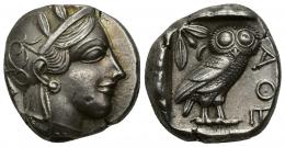 41 - GRECIA ANTIGUA. ÁTICA. Atenas. Tetradracma (c. 479-393 a.C.). A/ Cabeza de Atenea a der. R/ Lechuza a der. AR 17,21 g. 23,1 mm. COP-34 ss. Pequeñas marcas. MBC+.