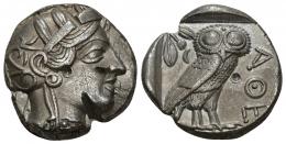 42 - GRECIA ANTIGUA. ÁTICA. Atenas. Tetradracma (c. 479-393 a.C.). A/ Cabeza de Atenea a der. R/ Lechuza a der. Punzón. AR 16,70 g. 24,1 mm. COP-34 ss. Golpe de cizalla y 2 punzones. EBC-/MBC+.