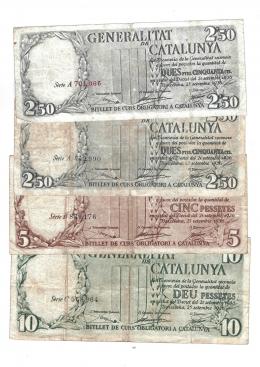436 - BILLETES ESPAÑOLES. Generalitat de Catalunya. Serie de 4 billetes 1936: 2,5 pts. Serie A en rojo y en negro; 5 pts. serie B y 10 pts. serie C. ED-C 23 a 25. De BC+ a MBC.