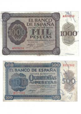 437 - BILLETES ESPAÑOLES. Lote de 2 billetes: 500 y 1000 pts. 11-1936. Series B y A. ED-D23 y 24. BC y MBC con ligera restauración.