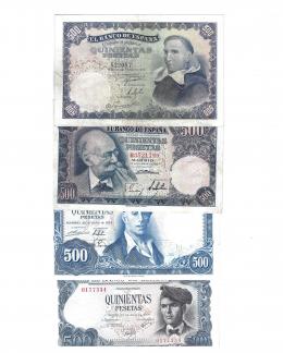 451 - BILLETES ESPAÑOLES. Lote de 4 billetes de 500 pts. 1946-1971. ED-D 53 BC+; 61a BC+; 69b SC y 74 SC sin serie.