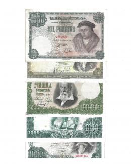 452 - BILLETES ESPAÑOLES. Lote de 5 billetes de 1000 pts. 1946-1971. ED-D 54 BC; 59 BC+; 64a MBC+ manchas; 70a MBC+ óxido y 75a BC-.
