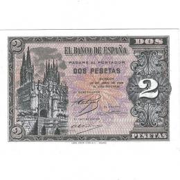 BILLETES ESPAÑOLES. 2 pts. 4-1938. Serie M. ED-D 30a. SC.