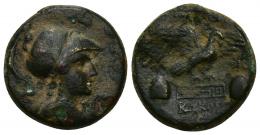 47 - GRECIA ANTIGUA. FRIGIA. APAMEIA. AE (c. 133-48 a.C.). A/ Cabeza de Atenea con casco a der. R/ Águila a der., debajo greca entre dos pileos rematados en estrella, debajo nombre de magistrado KWKOU. AR 9,45 g. 21,5 mm. COP-161. SBG-5120 vte. Oxidaciones. MBC-/BC+.Ex subasta correo Jesús Vico, 10-7-1986
