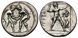 48   -  GRECIA ANTIGUA. PANFILIA. Aspendos. Estátera (fines s. V-III a.C.). A/ Dos luchadores. R/ Hondero a der., delante trisqueles y águila, detrás ESTFDD/(US). AR 10,86 g. 22,2 mm. COP-206. SBG-5390 vte. Vano. MBC+.
