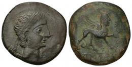 5 - HISPANIA ANTIGUA. CASTULO. As. A/ Cabeza masculina diademada a der. R/ Esfinge a der., delante estrella, debajo KaSTiLO. AE 18,57 g. 29 mm. I-707. ACIP-2126. Pátina marrón y verde. MBC/BC+. Ex subasta Áureo, 47 (14-6-1994), lote 2117.