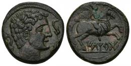 6 - HISPANIA ANTIGUA. ILTIRTA. As. A/ Cabeza masculina a der., alrededor tres delfines. R/ Jinete con palma a der., debajo sobre línea ILTiRTa. AE 12,33 g. 25,5 mm. I-1465. ACIP-1251. Pátina verde oscuro. EBC-/MBC+.