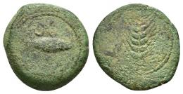 100 - HISPANIA ANTIGUA. ILIPA. Cuadrante. A/ Espiga. R/ Sábalo a der.; encima creciente (debajo tres glóbulos). AE 3,42 g. 18,3 mm. CNH-6. ACIP-2339. CC 3255, mismo ejemplar. Pátina verde claro. BC+/BC. Muy rara.