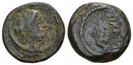 101 - HISPANIA ANTIGUA. ILIPA. Semis. A/ Cabeza femenina con tocado a der. R/ Palma a der., debajo ILIPENSE. AE 7,37 g. 20,5 mm. I-1543. ACIP-2342. Pátina verde oscuro. BC+. Rara.