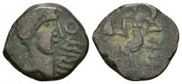 102 - HISPANIA ANTIGUA. IRIPPO. Semis. A/ Cabeza masculina a der., delante IRIPPO. R/ Figura femenina sentada a izq. con cornucopia y piña. AE 4,21 g. 20,6 mm. I-1581. APRH-55. ACIP-2630. MBC-. Muy escasa.