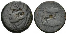 107 - HISPANIA ANTIGUA. BEUIPO-SALACIA. Unidad. A/ Cabeza de Melkart con leonté a izq., delante ODACIS.A. R/ Dos atunes a der., en medio ley. sudlusitana. Contramarcas indeterminadas en anv. y rev. AE 13,27 g. 26,4 mm. CNH-3. ACIP-973. CC-3043, mismo ejemplar. Pátina oscura. BC. Rara.