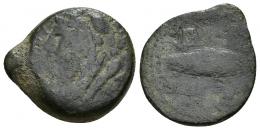 108 - HISPANIA ANTIGUA. BEUIPO-SALACIA. Mitad. A/ Cabeza de Melkart a izq. con leonté y clava al hombro; delante ley. externa CANDNI parcialmente visible. R/ Atún a der. entre ley. sudlusitanas KETOUIBON y SISBE. A. S. parcialmente visibles. AE 6,55 g. 23,2 mm. CNH- 5a. ACIP-976. CC-3049, mismo ejemplar. RC-/BC-. Muy rara.