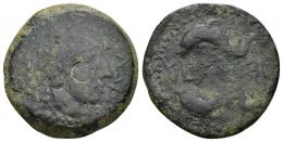 109 - HISPANIA ANTIGUA. BEUIPO-SALACIA. Unidad. A/ Cabeza masculina a der., delante SISVC (.A). R/ Dos delfines a izq., en medio ley. sudlusitana BEUIBUM parcialmente visible. AE 15,78 g. 27,4 mm. CNH-7 corr. ACIP-978. CC-3050, mismo ejemplar. Contramarca circular en rev. Pátina oscura. BC-. Muy rara.