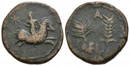 110 - HISPANIA ANTIGUA. LAELIA. As. A/ Jinete a der., encima estrella. R/ Palma y espiga, encima A; debajo LAELI(A). AE 22,80 g. 30,1 mm. CNH-1. ACIP-2361. CC-3273, mismo ejemplar. BC+. Muy escasa.